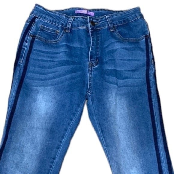 Bamboo Distressed Mid-Rise Skinny Jean Stripe Detail Faded Whisker Stretchy Soft - Picture 2 of 16